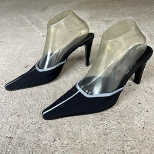 Donald J. Pliner Black Pointed Slip-On Mules with Light Gray Trim